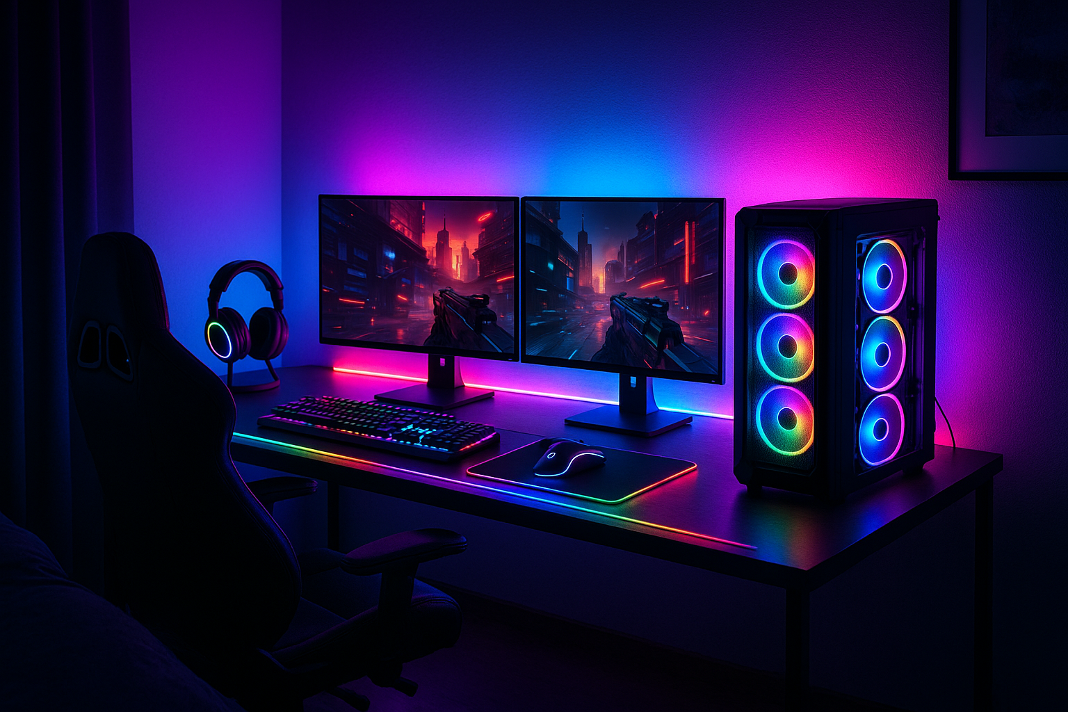 a rgb bedroom gaming pc setup